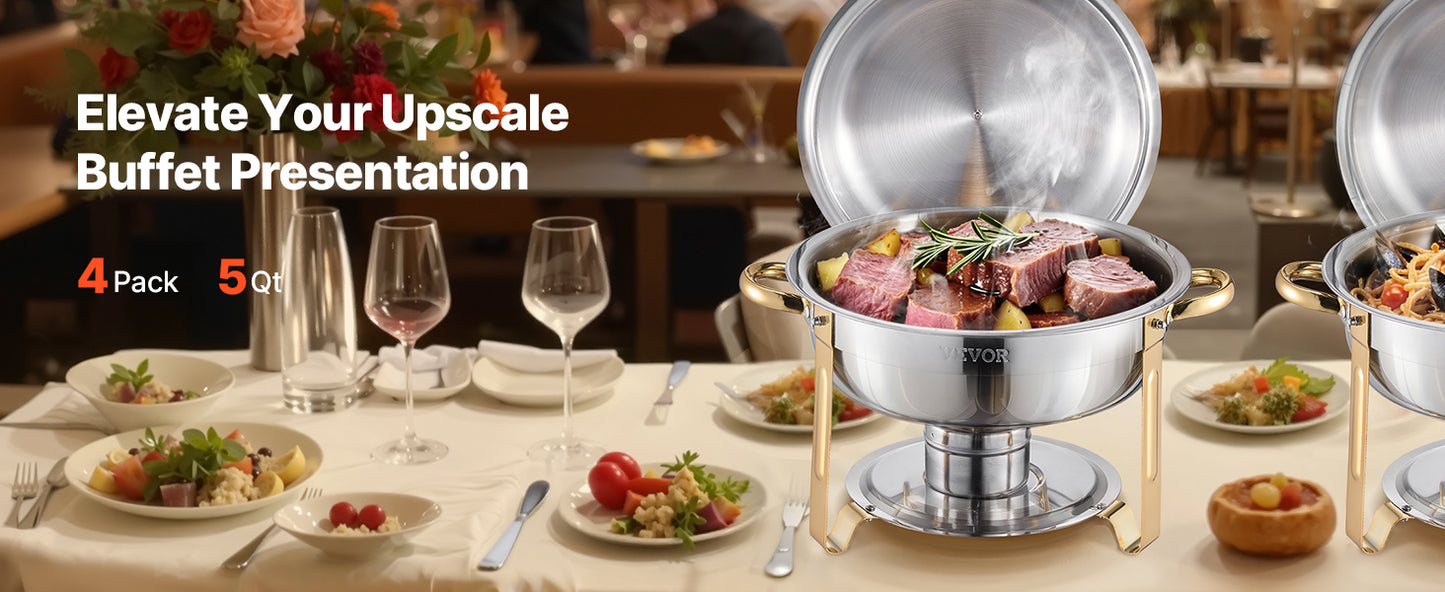 Stainless Steel Chafing Dish Set with 4 Full Size Round Pans Capacity of 5 Qt