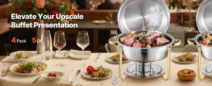 Stainless Steel Chafing Dish Set with 4 Full Size Round Pans Capacity of 5 Qt